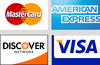 Logos of major credit card companies: MasterCard, American Express, Discover, and Visa. Relevant for payment options in online transactions.